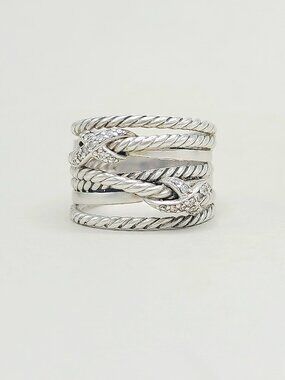 David Yurman Double X Crossover Ring w/ Pavé White Diamonds - 13mm - Size 7